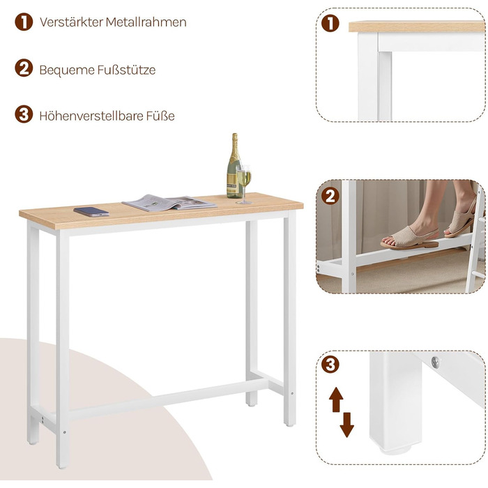 Барний стіл, стіл для бістро, стіл для роботи стоячи, обідній стіл, металевий каркас, стільниця з МДФ, світлий дуб, 120x100x40 см (ШxВxГ) Світлий дуб 120x40x100 см