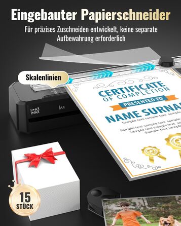 Ламінатор для паперу формату A3, A4, A5, A6 та A7 з різаком для паперу Закруглені кути Ламінувальні пакети на 15 аркушів, захист від застрягання з ABS-пластику Робота в гарячому та холодному режимі Розумний захист Ламінатори для дому, школи та офісу Чорни