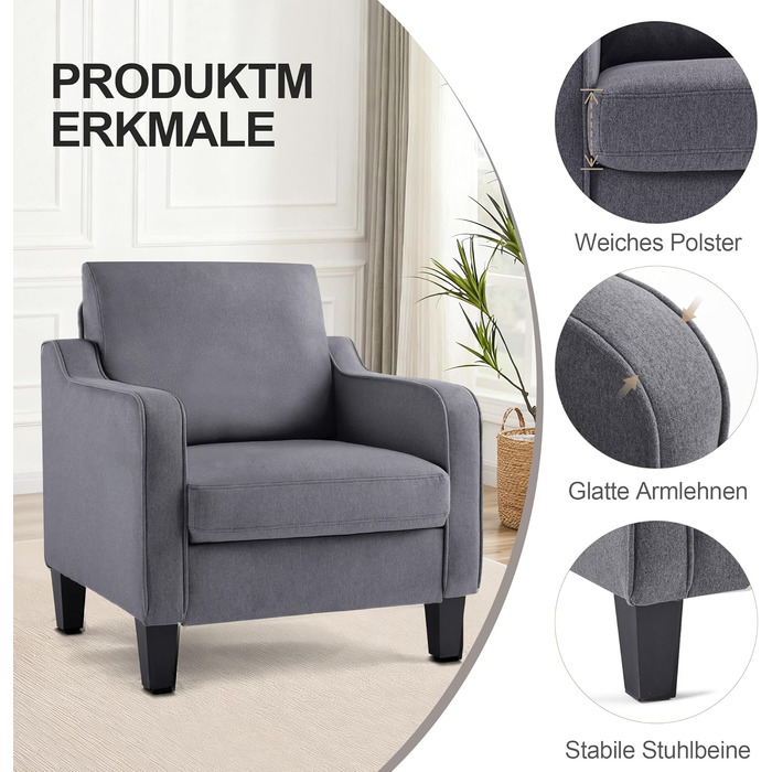 Крісло для вітальні, сучасне крісло з відкидною спинкою, підлокітниками та товстою подушкою, м&39який лляний одномісний диван для невеликих приміщень, зручне крісло для спальні, темно-сірий, комплект з