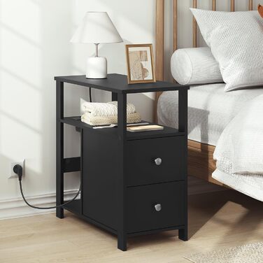 Журнальний столик WOLTU з розеткою, тумбочка з функцією заряджання, вузький диван-столик, з 2 шухлядами, 2 полицями, 1 відділенням, для вітальні/спальні, 60x60x30 см, чорний, BTS28sz