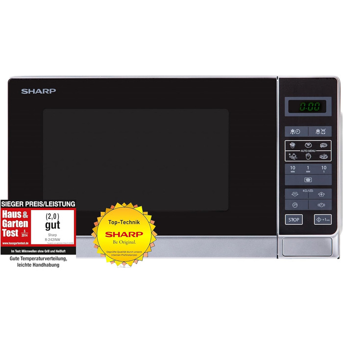 Мікрохвильова піч Sharp R242INW Solo / 20 л / 800 Вт / 5 рівнів потужності / 8 автоматичних програм / Розморожування з регулюванням ваги та часу / Блокування від дітей / Режим енергозбереження / Скляне поворотне блюдо (25,5 см) / Срібло