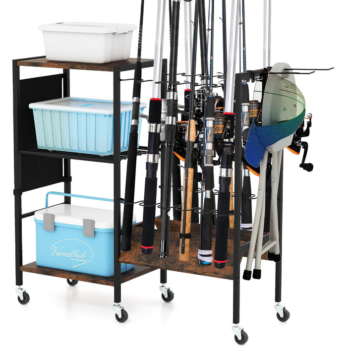 Тримач для вудки GIANTEX, підставка для 12 вудок, тримач для вудки з котушками, рибальські аксесуари, 3-рівнева рибальська підставка з гачками та сумкою, візок для рибальських снастей, органайзер для вудок, 84 x 30 x 82 см