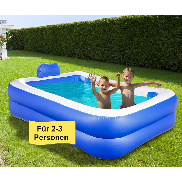 Надувний басейн 200x150x50 см з підголівником та оглядовим вікном сімейний басейн 440 л синьо-білого кольору для саду, балкону та тераси зі зливним клапаном та латочкою для ремонту