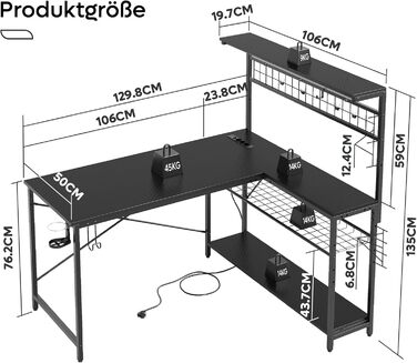 Геймерський стіл Bestier 130 см L-подібний, двосторонній кутовий стіл з розетками, світлодіодним підсвічуванням, 4 полицями, гачками та підставкою для чашок, ідеально підходить для домашнього офісу та ігор, 130 см з вуглецевого волокна, чорний