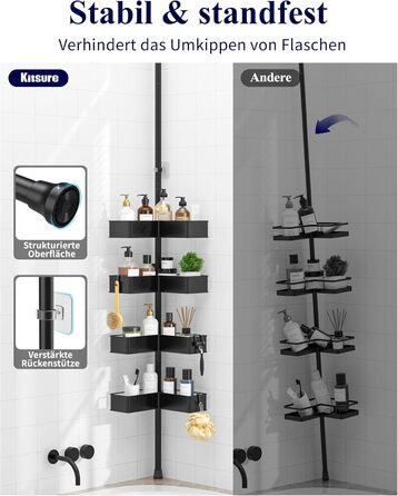 Кутова полиця для душу Kitsure з телескопічною стійкою, регульована по висоті, металеві кошики, монтаж без свердління, висота 87-290 см, ширина 24.6 см, чорний колір (24.6 x 24.6 x 290 см)