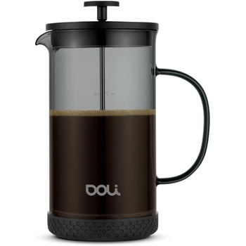 Скло френч-прес Doli 1 л, кавоварка на 1-6 чашок, тонкий фільтр з нержавіючої сталі для чистого аромату, вогнетривкий і безпечний для миття в посудомийній машині, в т.ч. дозуюча ложка (чорна)