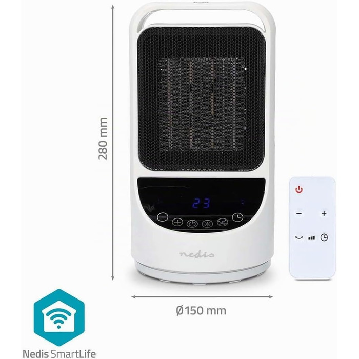 Розумний керамічний обігрівач Nedis HTFA22WTW SmartLife WLAN, 1500 Вт, 2 режими нагріву, осциляція, індикатор температури 1049 C, керування через додаток, Alexa та Google Assistant, білий