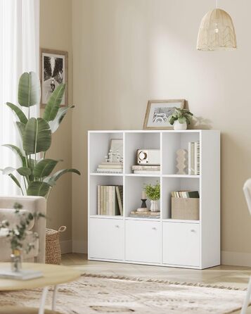 Книжкова полиця VASAGLE, 3-рівнева полиця, Відкрита полиця для зберігання, Окремостояча полиця, 29 x 97,5 x 97,5 см, 3 відділення з дверцятами, для вітальні, домашнього офісу, їдальні, Хмарно-білий LBC33WT