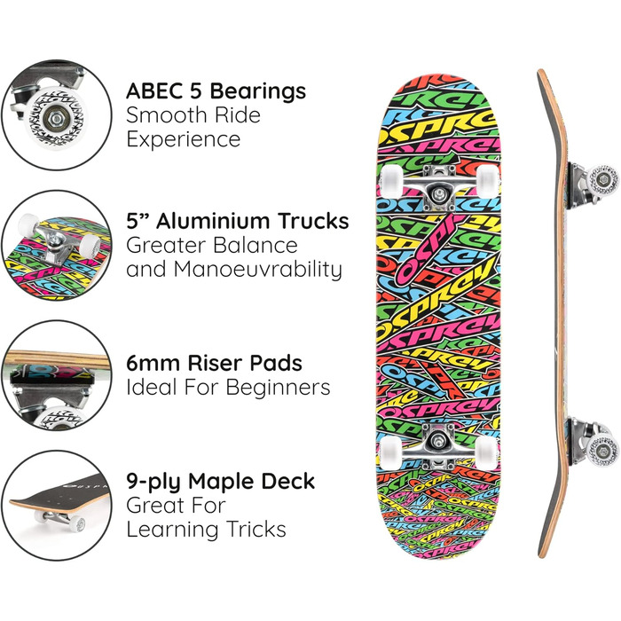 Скейтборд Osprey Absolute Beginner Double Kick Trick, 78.7 x 20.3 см, кленова колода, різнокольоровий