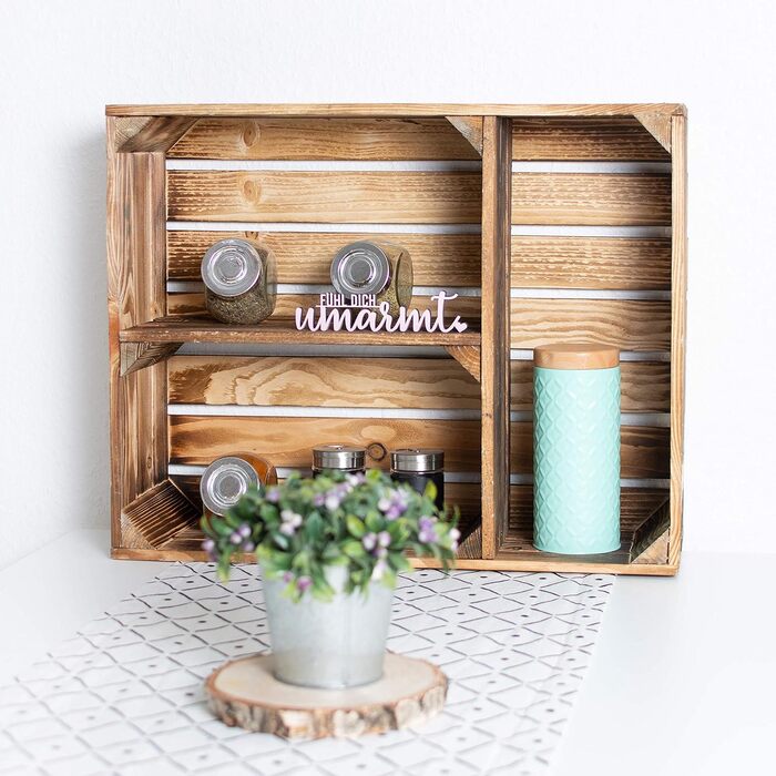 Вінтажна дерев&39яна полиця для спецій - приблизно 50 x 17 x 40 см, полум&39яне дерево Кухонна полиця, горизонтальний формат, 2 полиці, 50 x 17 x 40 см Горизонтальний формат, полум&39яне дерево