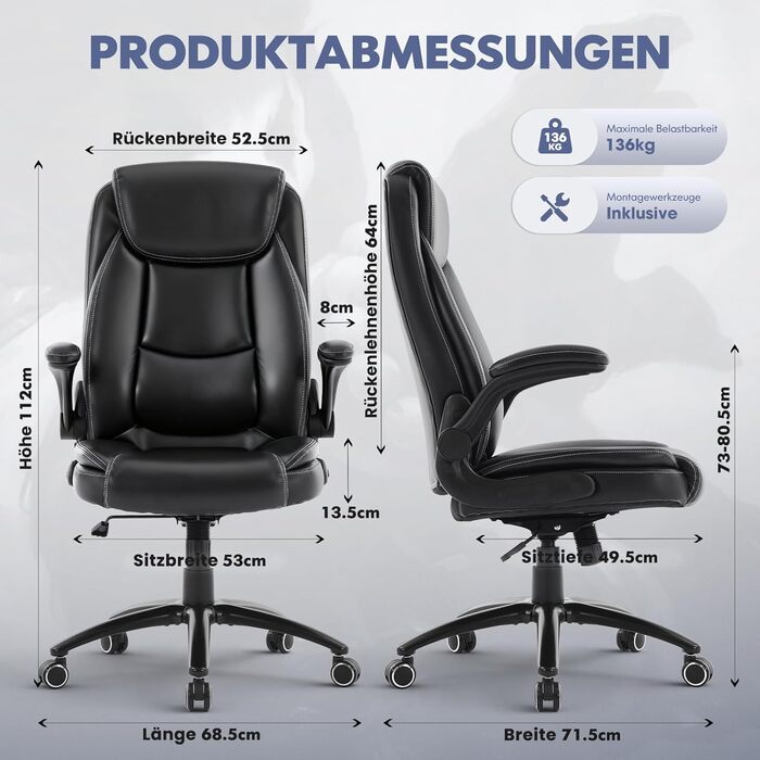 Ергономічне офісне крісло COLAMY, поворотне на 360 крісло для керівника з відкидними підлокітниками, регульована спинка, висота та нахил, чорне