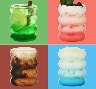 Ребристі склянки для пиття зі скляними соломинками Набір з 4 шт. , склянки для кави з льодом 350 мл, склянки Wave Glasses Tumbler,