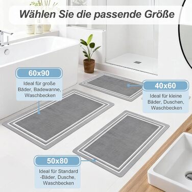 Нековзний килимок для ванної, швидковисихаючий килимок для ванної тонкий, абсорбуючий, нековзний, миючий килимок для ванної кімнати, для підлоги у ванній кімнаті, ванн та душових кабін на відкритому повітрі, світло-сірий, 60 x 40 см (прямокутний)