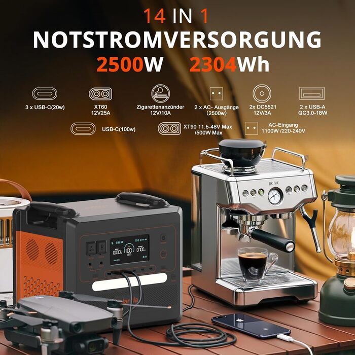 Сонячний генератор Solarplay Q2402M потужністю 2500 Вт, портативний блок живлення 2304 Втгод LiFePO4, 4000 циклів розрядки/зарядки для дому, автофургонів, кемпінгу на природі, багатофункціональний генератор для випадків відключення електроенергії.