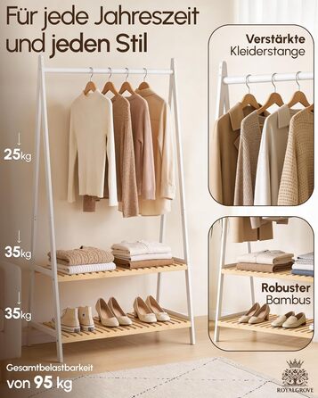 Вішалка для одягу з 2 полицями з білого бамбука, шафа-тумба з міцною рейкою для одягу, шафа з полицею для взуття, для передпокою, спальні, 160 x 80 x 44 см (білий)