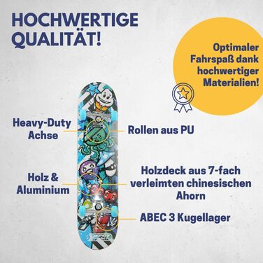 Скейтборд A3 Kid Octopus - найкращий спортивний скейтборд для дітей від 7 років, нековзка 7-шарова кленова дека, ABEC 3 підшипники, алюмінієва вісь, вантажопідйомність 100 кг, Octopus Blue дизайн