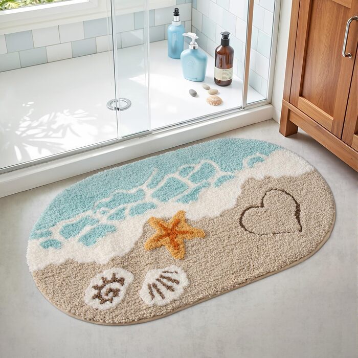Овальний килимок для ванної кімнати DEXI 54 x 86 см, нековзний абсорбуючий килимок для ванної з візерунком &quotМорська зірка&quot, килимок для ванної з мультфільмами, що миється, для душової кабіни, спальні, дитячої кімнати, бежевий 54 x 86 см &quotМорсь