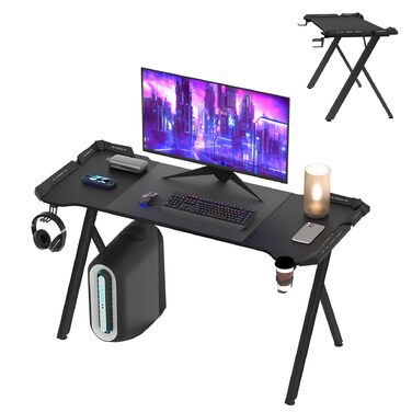 Ігровий стіл 120x60 см зі світлодіодним освітленням, ергономічний ігровий стіл з вуглецевим волокном, міцний комп&39ютерний стіл з підставкою для чашок та гачком для навушників, ігровий стіл для ігрової кімнати, чорний, 120 см