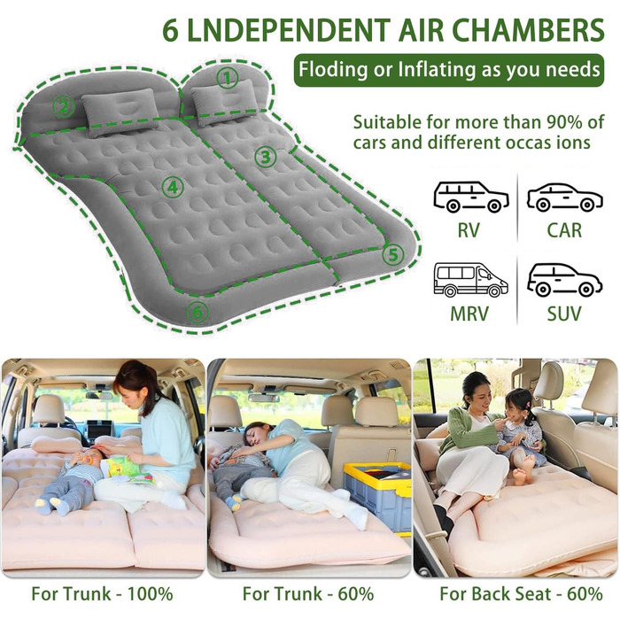 Автомобільний матрац, кемпінговий, зручний матрац для сну, надувний матрац з повітряним насосом для кемпінгу, подорожей на свіжому повітрі, для XPENG Xiaopeng P7 P7i G3 G6 G9 N5 BETA 2021 2022 2023, сірий-флокований