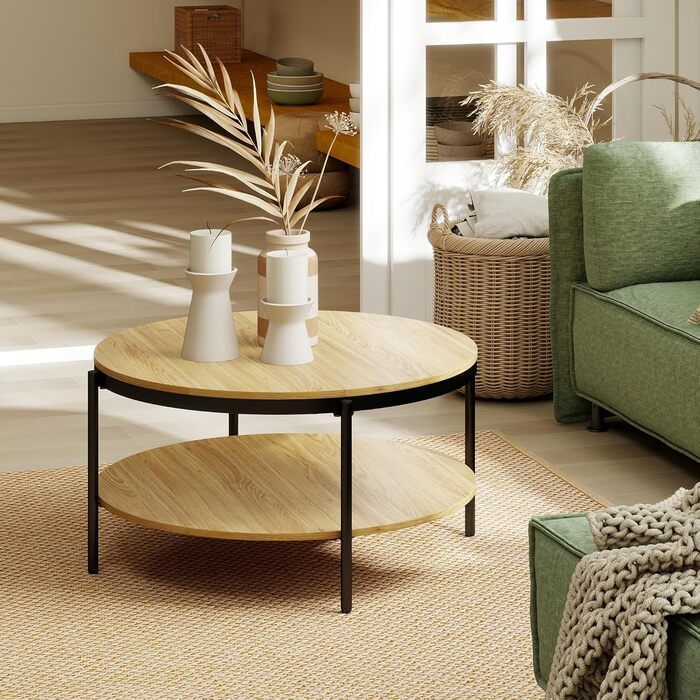 Круглий дерев&39яний журнальний столик Manora, маленький круглий столик для вітальні 80 см, диван-столик з 2 рівнями зберігання, під дуб, металеві ніжки зі сталевим каркасом (світлий дуб), сучасний дуб