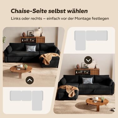 Кутовий диван з функцією сну, вельветова оббивка, L-подібний розкладний диван, розкладний диван, висувний диван з місцем для зберігання речей, двосторонній шезлонг (лівий та правий), чорний