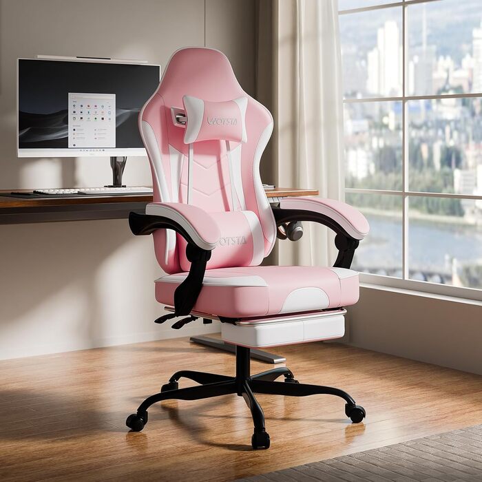 Ігрове крісло, Ігрове крісло, Ергономічне ігрове крісло з підставкою для ніг, Ергономічне офісне крісло з поперековою опорою, Регульована спинка 90-135, Рожевий/Білий