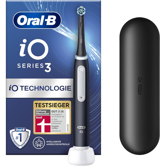 Електрична зубна щітка Oral-B iO Series 3, електрична зубна щітка, 3 режими чищення для догляду за зубами, магнітна технологія, дорожній футляр, розроблений Braun, ПЕРЕМОЖЕЦЬ ТЕСТУ Stiftung Warentest (12, 2024), матовий чорний