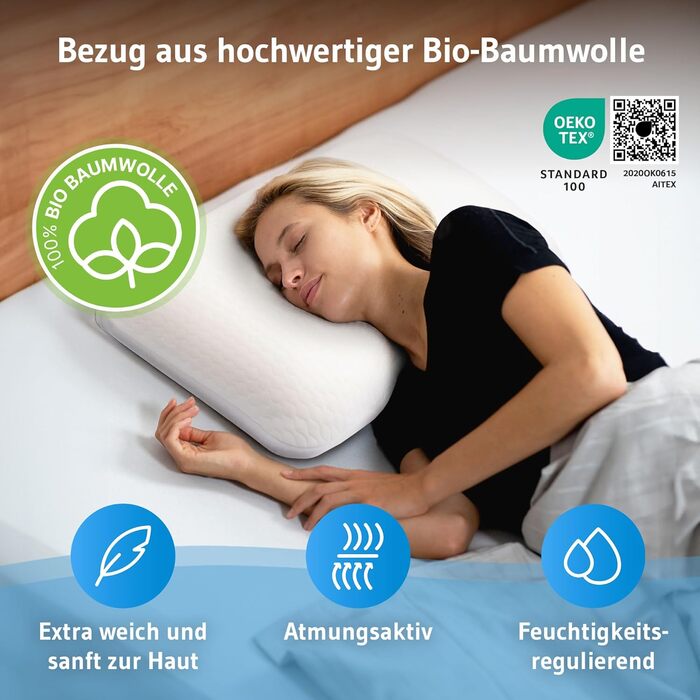 Ергономічна подушка Elora, м&39який чохол зі 100 органічної бавовни, подушка для підтримки шиї, розроблена експертами зі сну, подушка з піни з ефектом пам&39яті для сну на боці, подушка для шиї 40x60x12, подушка для сну на спині