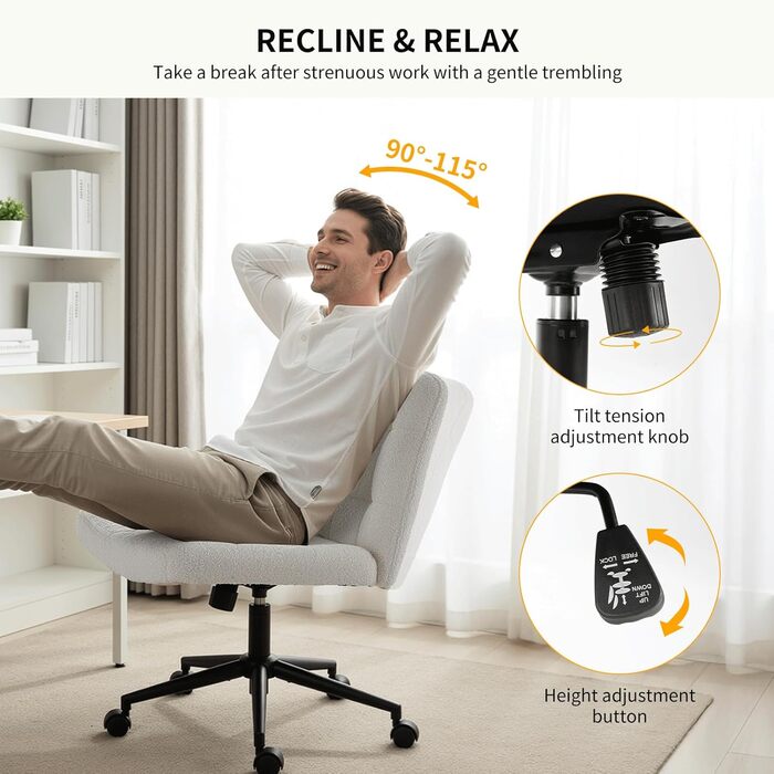 Офісне крісло Clevich без підлокітників, широке крісло з перехресним розташуванням сидіння, ергономічне крісло з регульованою висотою для домашнього офісу, кабінету, макіяжу, спальні (шерпа, білий)