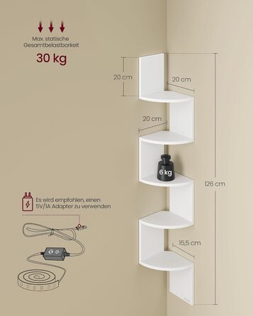 Кутова полиця VASAGLE зі світлодіодним освітленням, 5-рівнева настінна полиця, плаваюча книжкова полиця, книжкова шафа, полиця для рослин для спальні, вітальні, ванної кімнати, домашнього офісу, матово-білий колір LBC630W01