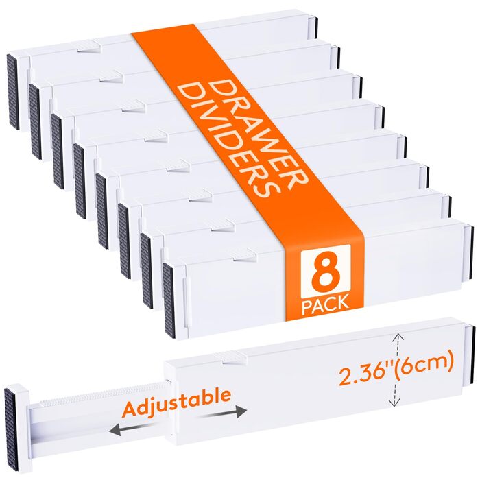 Набір із 8 регульованих роздільників для шухляд Lifewit, органайзери-роздільники для внутрішньої довжини 2840 см та висоти &gt6 см, для спальні, кухні, столових приборів, шаф, письмового столу, системи організації шухляд, білого кольору, 8 висоти 6 та дов