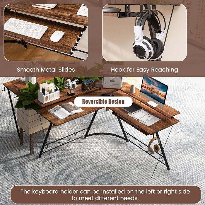 Кутовий стіл LIFEZEAL L-подібної форми, комп&39ютерний стіл з кріпленням для монітора, стіл із зарядною станцією, підставкою для клавіатури та гачком для навушників, кутовий стіл для дому, офісу, спальні (коричневий)