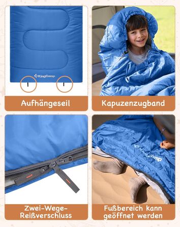Дитячий спальний мішок KingCamp, 3-сезонний спальний мішок-ковдра для дітей 100-140 см, легкий і теплий для кемпінгу та походів з сумкою для перенесення, синій, L