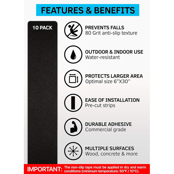 Протиковзка стрічка для зовнішніх сходів 15x76 см (комплект з 10 шт.) Протиковзкі смужки для зовнішніх сходів, самоклеючі, чорні