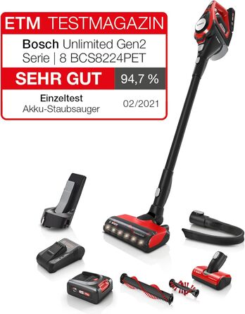 Акумуляторний пилосос Bosch Unlimited Gen2 Series 8 ProAnimal BCS8224PET, пилосос для шерсті домашніх тварин, без мішка, час робот