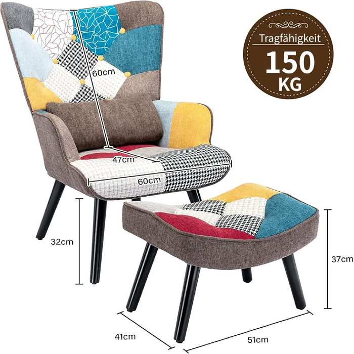 Крісло для відпочинку HomeMiYN з пуфом для ніг, крісло у стилі печворк, крісло з відкидною спинкою, дерев&39яне крісло для вітальні, сучасне крісло для телевізора, крісло для відпочинку, лляне крісло у стилі печворк, ніжки з масиву дерева, коричневий колі