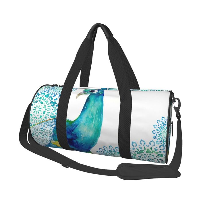 Спортивна сумка для подорожей, стильний принт з павичами та квітами, сумка на нічліг, чорний колір, універсальний розмір