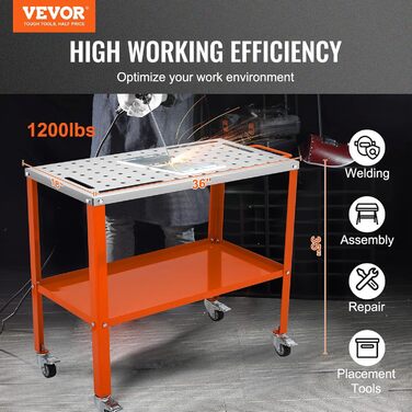Мобільний зварювальний стіл VEVOR 91,4x45,7 см, зварювальний верстак, вантажопідйомність 544 кг, перфорований стіл, 94 отвори ( 1,6 см), верстат з вуглецевої сталі, зварювальний візок з колесами, 4 слоти для інструментів
