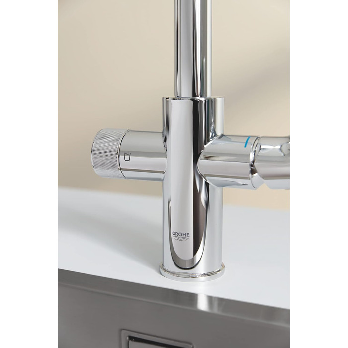 Змішувач для кухні GROHE Blue Pure Minta з функцією фільтрації (L-подібний поворотний вилив, одноотвірний монтаж), хром, 30600000, з фіксованим аератором