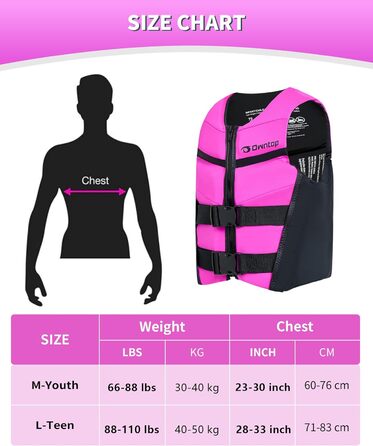Рятувальний жилет Owntop для підлітків та дітей Легкий неопреновий рятувальний жилет Регульований рятувальний жилет з подвійними пряжками безпеки для плавання, каякінгу, веслування та риболовлі, рожевий M (30-40 кг)