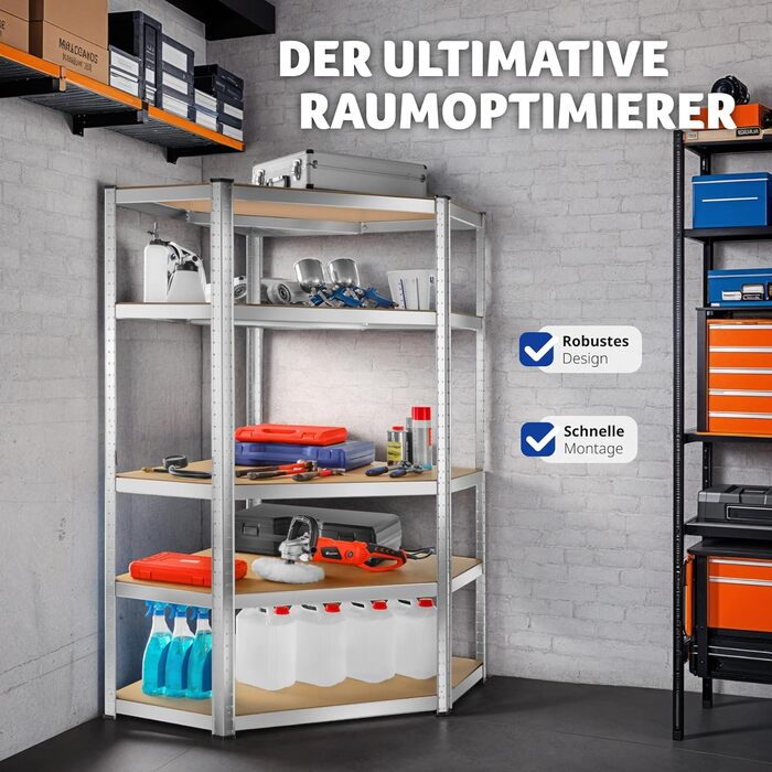 Стелаж для майстерні tectake, міцний кутовий стелаж з 5 полицями, металевий стелаж для зберігання, стелаж для підвалу, аксесуари для гаража, органайзер для складського приміщення, стелаж без болтів, для зберігання, вантажний стелаж - 875 кг, 180 x 89,5 x 