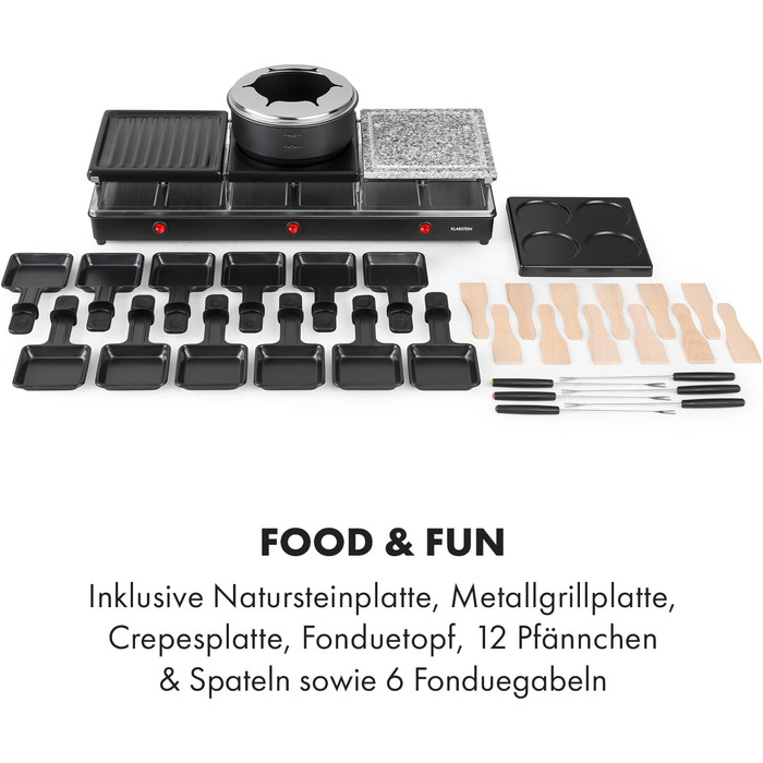 Гриль і фондю для раклету 3-в-1, 1650 Вт металевий/натуральний камінь/млинець, 3 окремі нагрівальні елементи з нержавіючої сталі, до 12 осіб, антипригарне покриття, чорний
