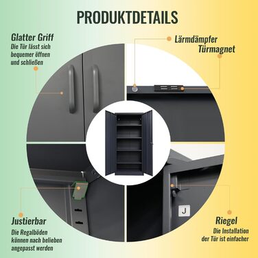 Шафа для документів Ondis24, багатофункціональна шафа, із замком, регульовані полиці, міцна, довговічна, подвійні двері з магнітними дверцятами та ручками, надійна, шафа для інструментів, офіс, майстерня, гараж (антрацит, 170) Антрацит 170