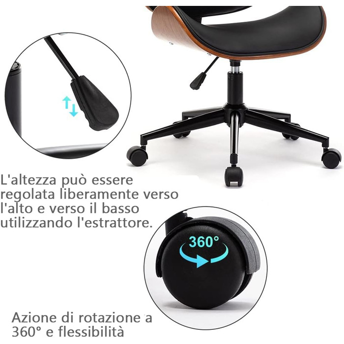 Дерев&39яне офісне крісло Mingone, комп&39ютерне крісло, ергономічне робоче крісло на 360, обертове крісло, дизайн крісла з крилами та колесами, регульована висота, шкіра, чорний колір, до 150 кг, чорні ніжки, стиль 1