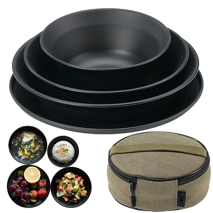 Кемпінговий посуд тарілки з нержавіючої сталі для походів Термостійкий обідній набір з багаторазовою полотняною сумкою для пікніків, походів та активного відпочинку