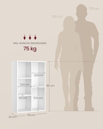 Книжкова шафа VASAGLE, книжкова полиця, з 5 відділеннями, офісна полиця, кубічна полиця, окремостояча полиця, для вітальні, спальні, офісу, дитячої кімнати, білий LBC25WT білий 5 відділень (24Г x 50Ш x 80В см)