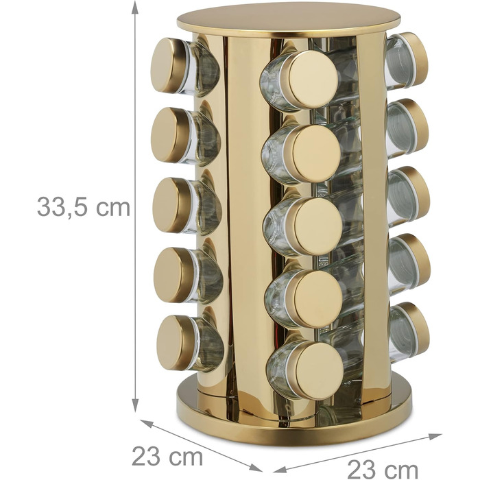 Підставка для спецій Relaxdays з 20 баночками для спецій, зі вставкою-шейкером, поворотна на 360, карусель для спецій, нержавіюча сталь, золотий/прозорий