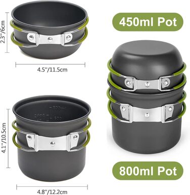 Набір посуду для кемпінгу Odoland, 10-предметний набір посуду для кемпінгу, алюмінієві кемпінгові горщики, чашки, складні столові прибори, міні-кемпінгова плита для пікніків та походів на свіжому повітрі, для 1 особи (A)