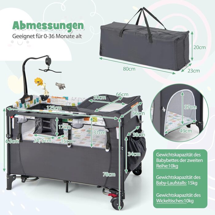 Дорожнє ліжечко DREAMADE 5-в-1 з матрацом 120 x 60 см, регульована по висоті тумбочка з пеленальний столик, музичний мобіль та іграшки, дитяче ліжечко та гойдалка для малюків від народження (сірий)