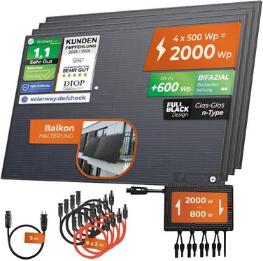 Балконна електростанція Solarway 2000 Вт у комплекті з розеткою - Найновіший інвертор 2000 Вт - Повний комплект сонячної системи - Сонячні панелі 500 Вт та Envertech та аксесуари для балконного кріплення 2000 Вт